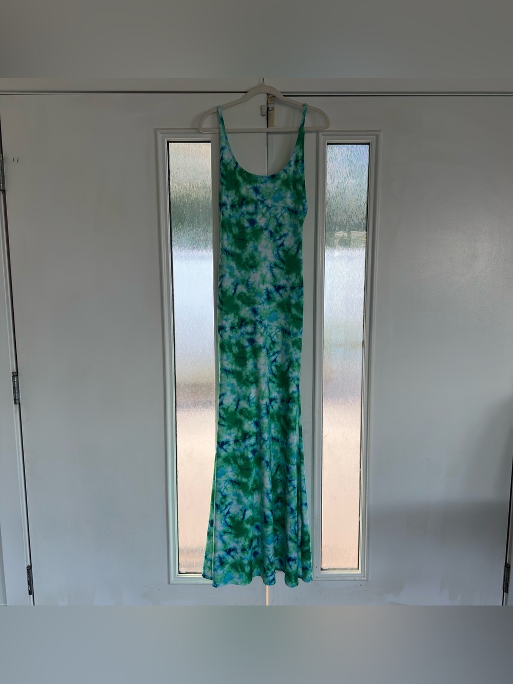 Women's Blue Green Tie-Dye Sundress Size L Vacation Resort Festival Tall Maxi